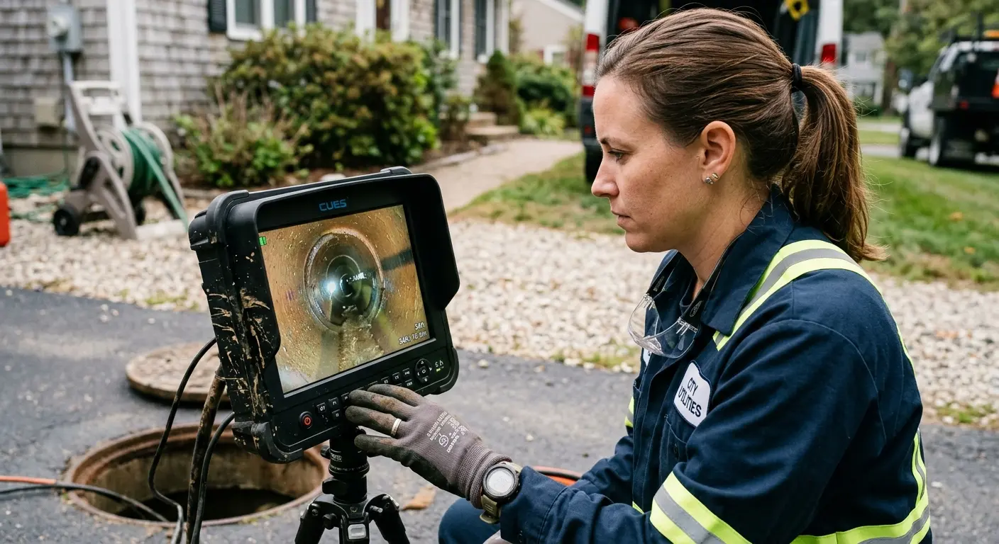 Technician reviewing sewer camera inspection footage in Titusville