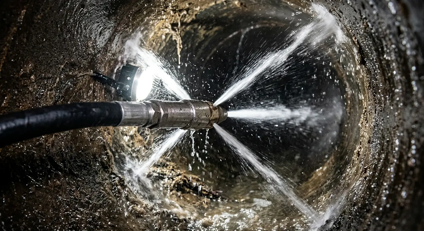 High-pressure hydro jetting nozzle cleaning sewer pipe for Trenchless Sewer Repair in Titusville