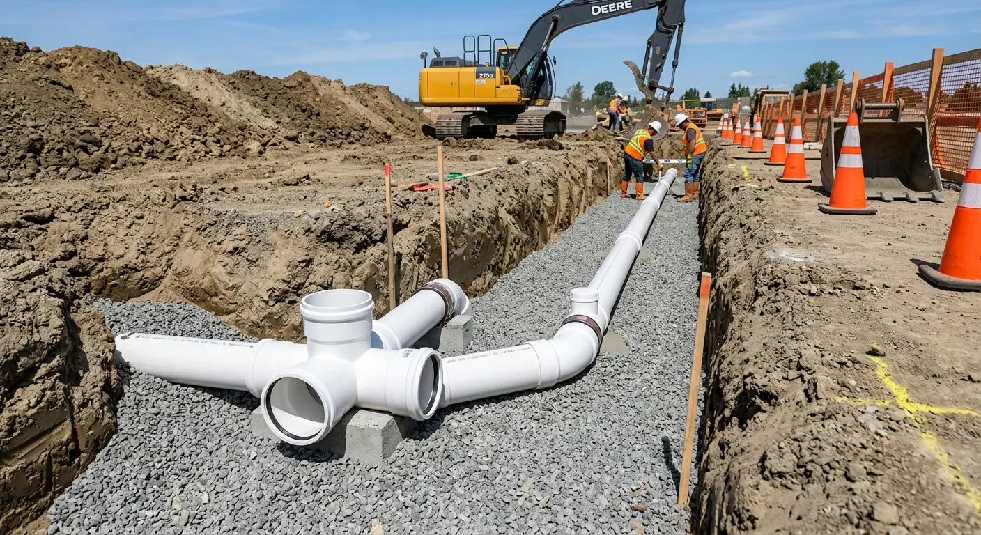 New PVC sewer pipe installation in open trench for Commercial Drain Cleaning in Titusville