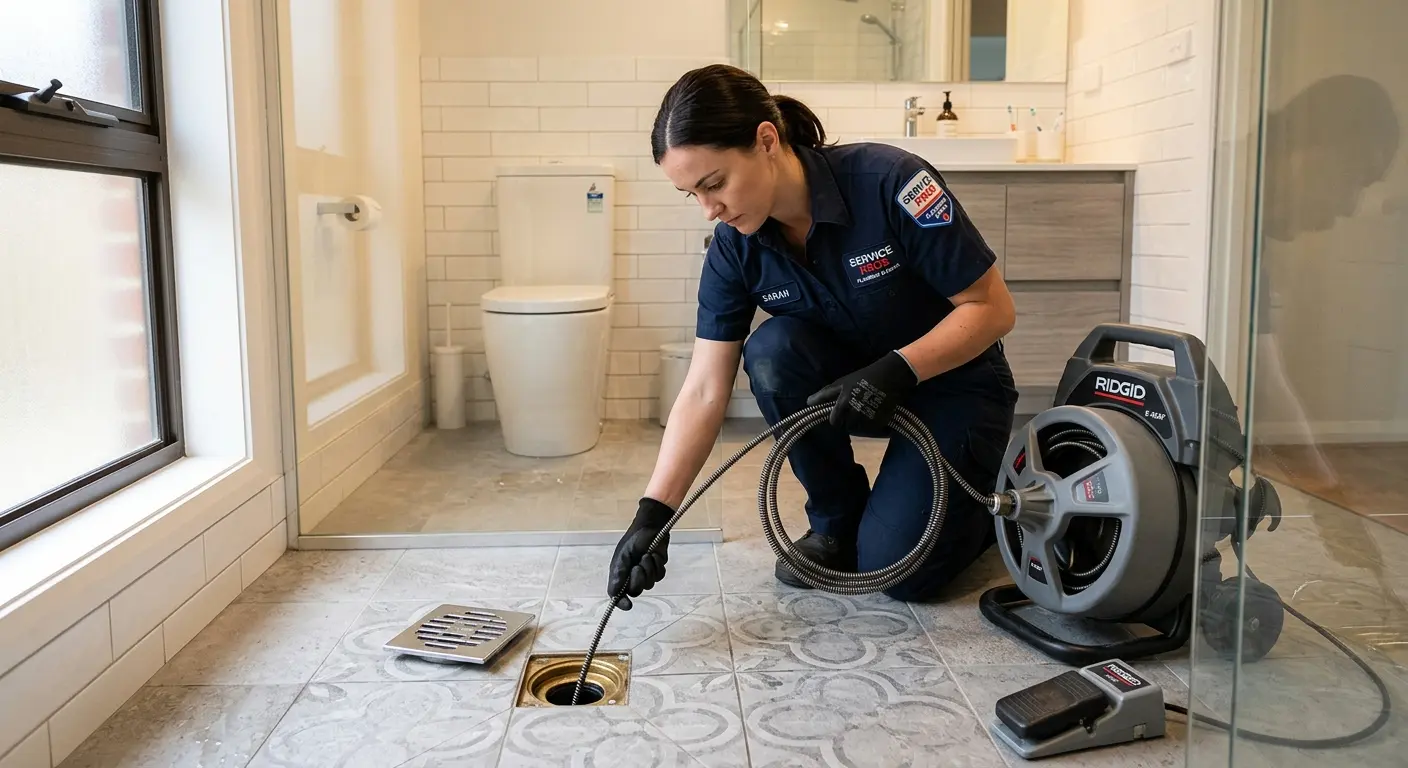 Technician clearing a bathroom floor drain for Clogged Drain Repair in Titusville